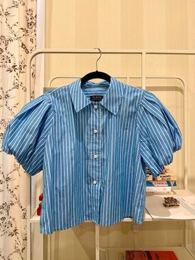 J. Crew Light Blue and White Striped Pouf Sleeve Blouse